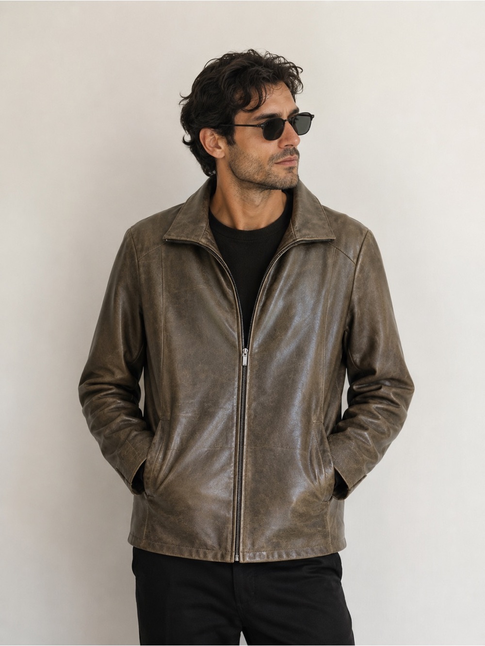 Bison Italian Leather Jacket Khaki Brown Size 52 XL Made in Italy Vintage - Picture 9 of 11